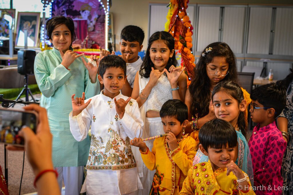 Children gathered together during the Janmashtami celebration at Dharma Mandir Newport.